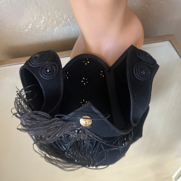 INVENTIVE 1940\'S BLACK FELT CAP WITH GOLD STUDS, BEADS & SATIN BAND TRIM main image 14
